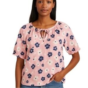 GAP‎ Pink Floral Pink Tie Neck Zen Blouse Sleeve -XL